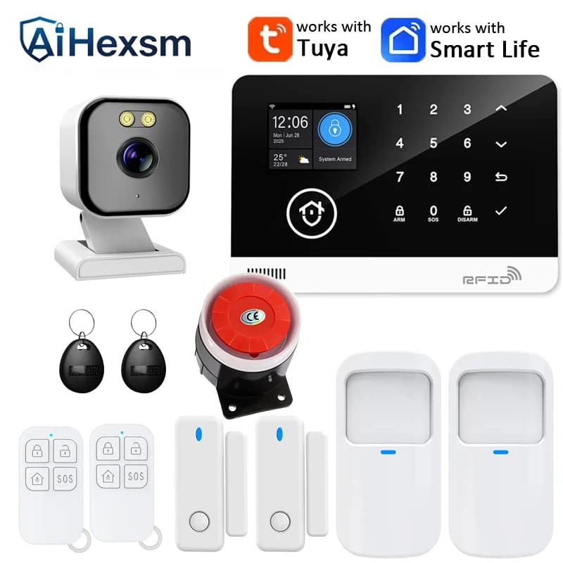Outdoor Camera Tuya APP Control Smart WiFi GSM Home Security Alarm System Anti-Theft Touch Keyboard Pet PIR Motion Sensor RFID
