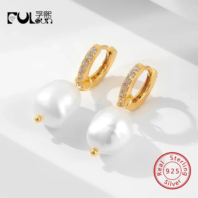 925 Sterling Silver 14K Gold Plated Pave CZ Huggie Hoops Irregular Baroque Pearl Dangle Drop Earrings Dainty Wedding Party Women