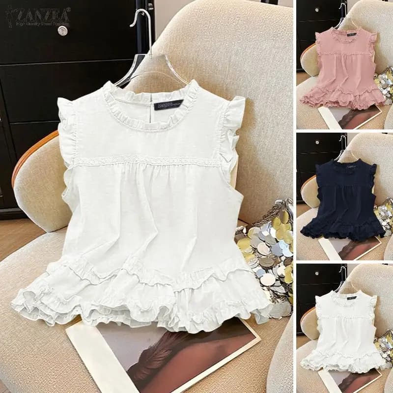 ZANZEA Women Summer Tanks Tops 2026 Stylish Ruffled Holiday Shirt Camis Elegant Sleeveless O Neck Work Blouse Casual Loose Tees