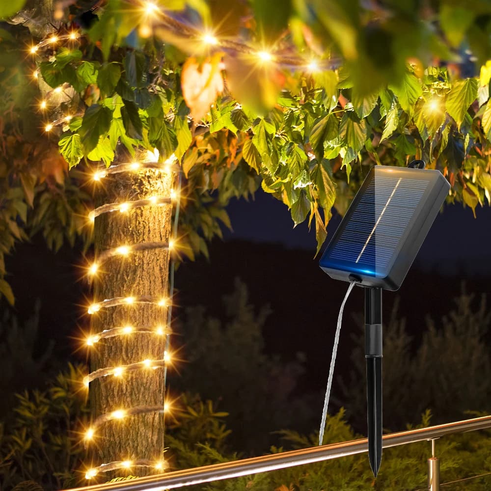 Luci Solari a Corda di Canapa 5/10M, 100/200 LED, 8 Modalità, Impermeabili, per Esterni, Giardino, Campeggio e Decorazioni