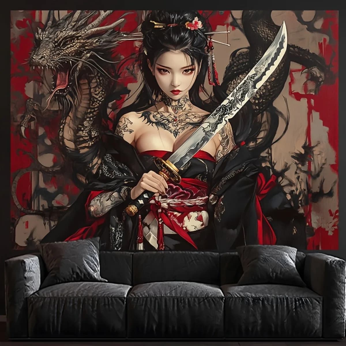 Anime Fantasy Dragon Woman Tapestry Wall Hanging Art for Gothic Geek Decor Bedroom Living Room Decoration