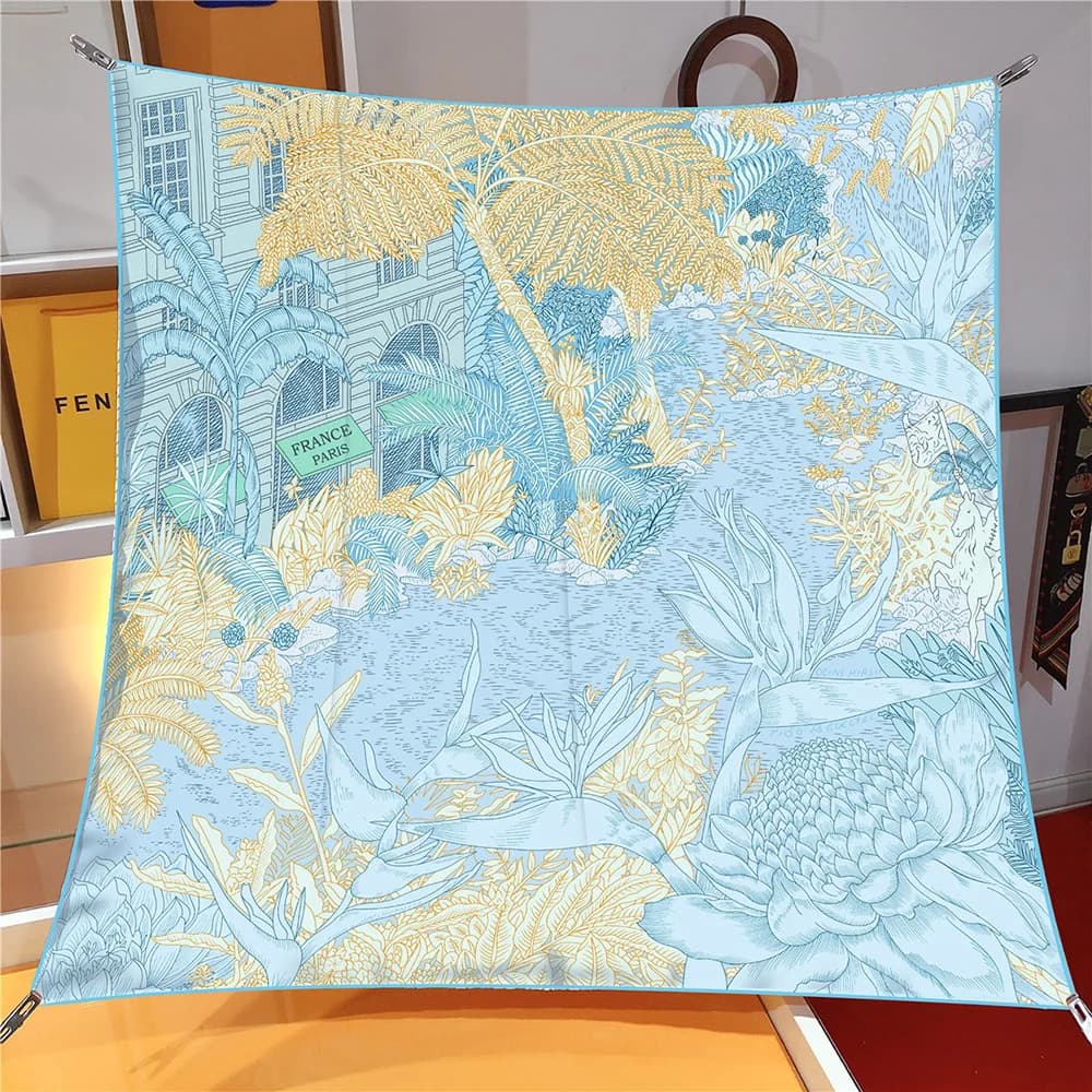 Sciarpa di seta twill da 90 cm Scialle di marca di lusso Jungle Garden Stampa Sciarpa quadrata Donna Hijab Bandana Foulard Fazzoletto da collo Sciarpe per la testa
