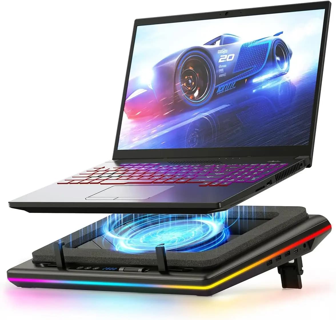 Powerful 5.5" Turbofan Laptop Cooler, RGB Gaming Pad for 15.6-19in Laptops, Adjustable Speed, Dustproof, USB Hub