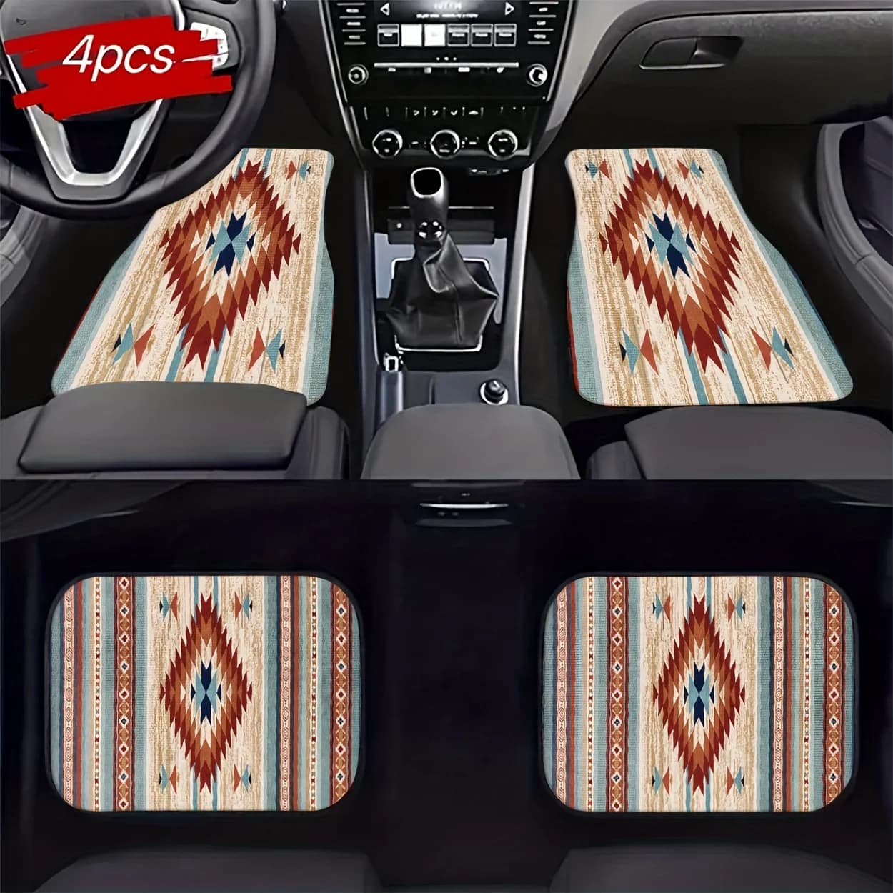 Set of 4 universal car mats, brown geometric pattern, car mats with digital vintage style print, fashionable and versatile