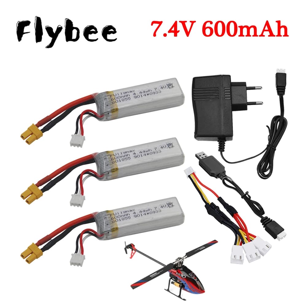 Batteria Lipo da 7,4 V 600 mAh + set di caricabatterie da 7,4 V per Wltoys XK K130 RC Elicottero Pezzi di ricambio Accessori Batteria 2s per RC Drone Car