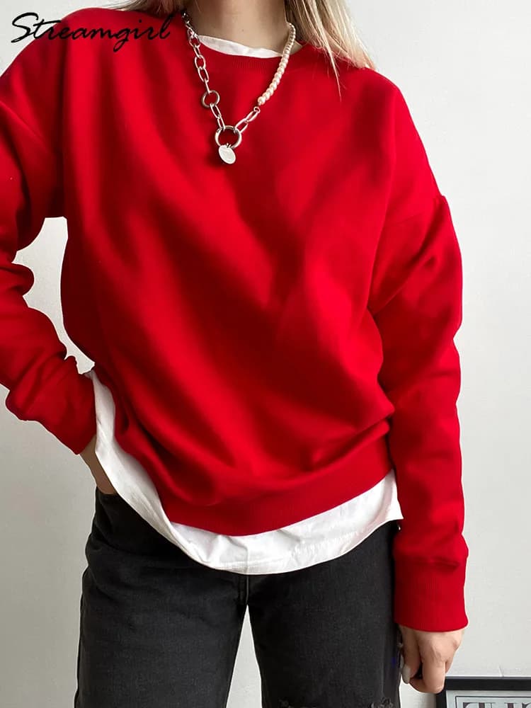 Felpe oversize autunnali Pullover larghi in cotone da donna Felpa calda rossa con scollo a O per donna Abiti invernali oversize in pile