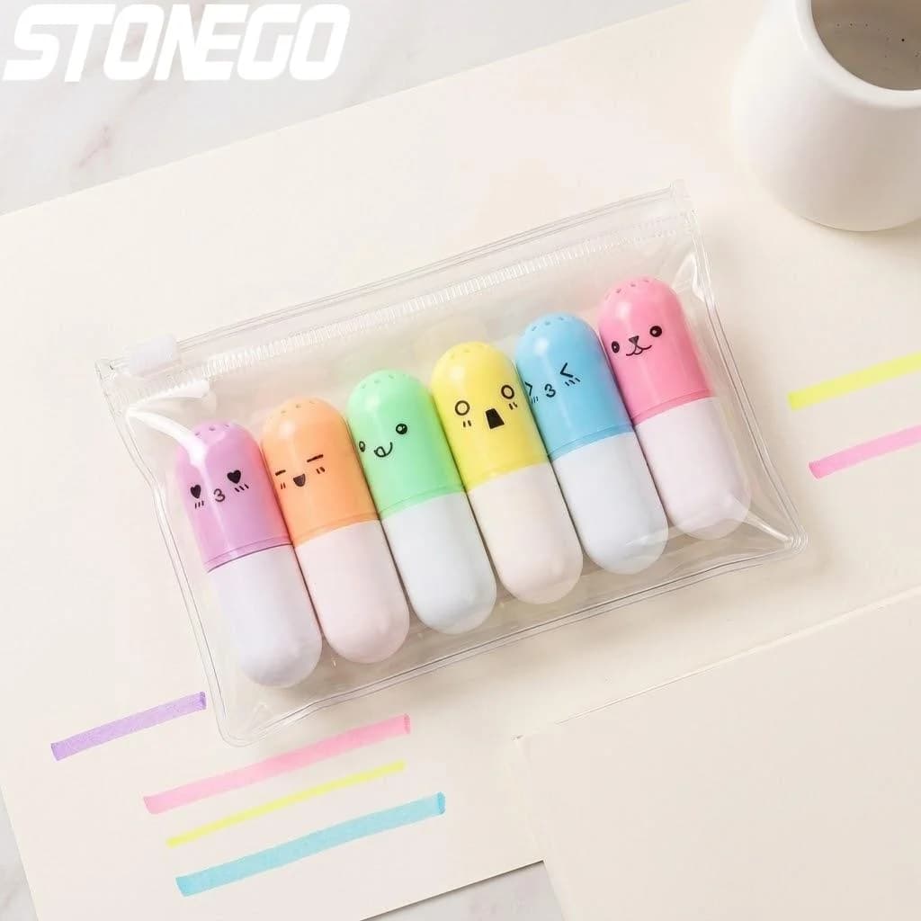 Set di 6 Mini Evidenziatori a Forma di Pillola, Penne Colorate per Disegno, Cancelleria per Scuola e Ufficio