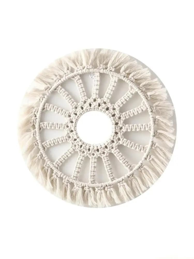 QX2E Hanging Wall Mirror with Macrame Fringe Round Boho Mirrors Art Decor for Entryways Apartment Living Room