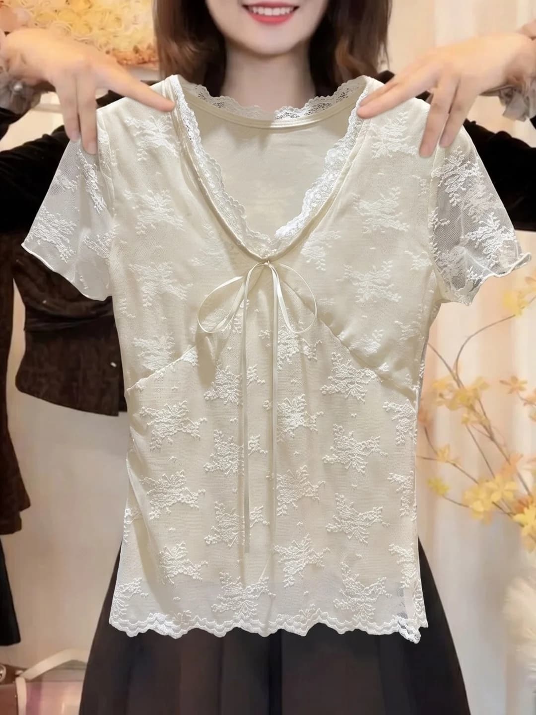 Gentle Wind V-Neck Lace Trim Short Sleeve T-Shirt Korean Style Knot Tie Slim Fit Versatile Top for Summer 2026