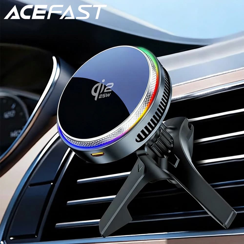 ACEFAST Qi2 25W Magnetic Wireless Car Charger with Air Cooling, Magnetic RGB Light and Phone Support with Auto Lighter Charger for iPhone 17