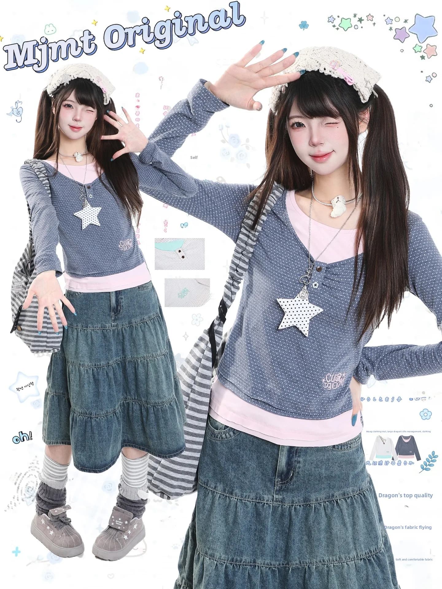 Sweet Korean Polka Dot Long Sleeve round Neck T-Shirt Women's Loose Casual Design Girl's Top Summer Breathable Printed Tee