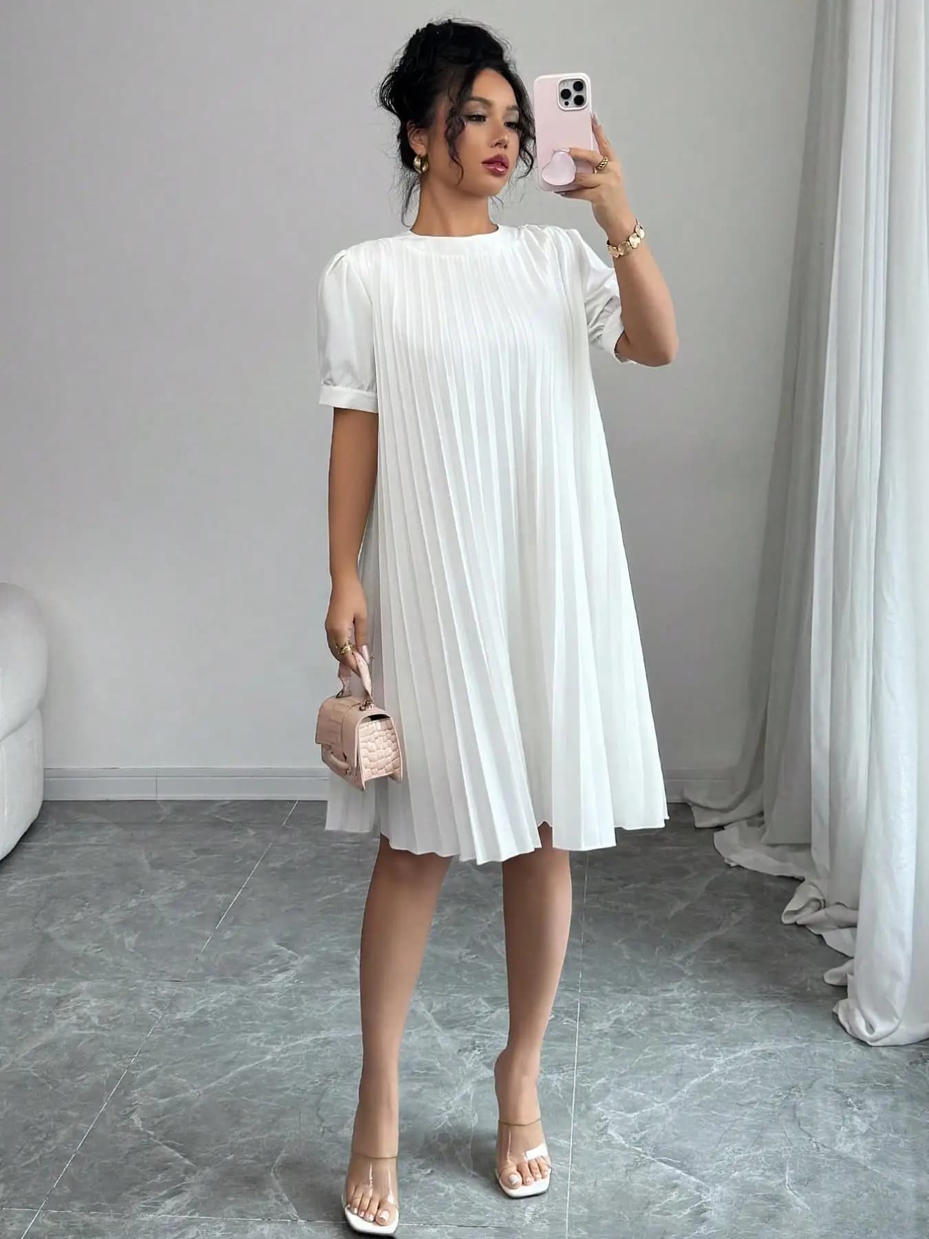 Abito midi da donna a tinta unita con maniche a sbuffo plissettate - Elegante vestito ampio a trapezio con scollo rotondo per ufficio, casual, quotidiano e festivo