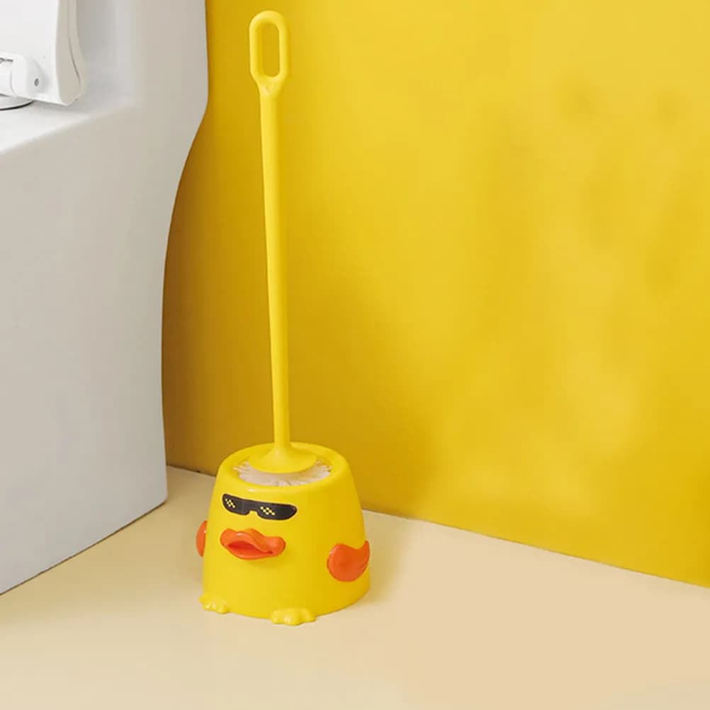 Simpatico set di spazzole e supporti per WC a forma di anatra, ideale per la pulizia del bagno. La maniglia lunga e le setole morbide garantiscono che non ci siano angoli morti nel WC.