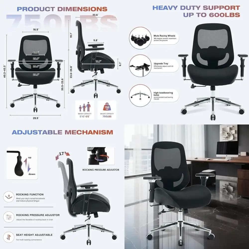 Sedia da Ufficio Ergonomica Resistente con Cuscino Ampio e Supporto Lombare Regolabile per Sedute Prolungate