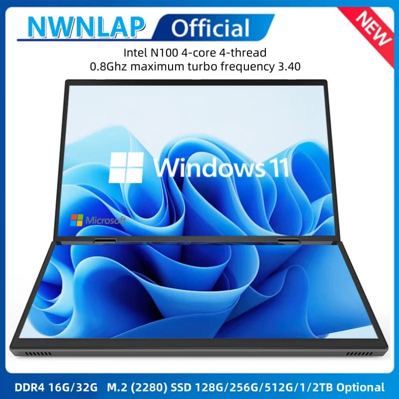Computer portatile da gioco con processore Intel N100 a doppio schermo touch da 14 pollici + 14 pollici DDR4 16 GB 1 TB SSD Notebook
