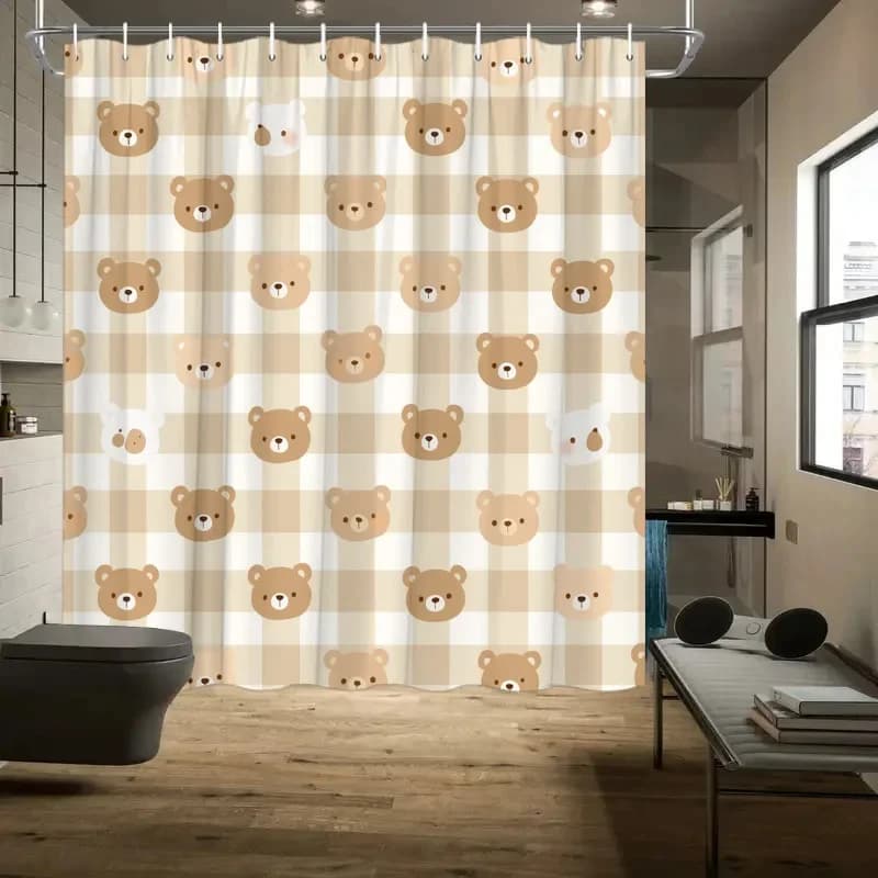 1 tenda da doccia con faccia di orso carino - a quadretti beige e crema, illustrazioni di orsi giocosi, 12 ganci, poliestere lavabile