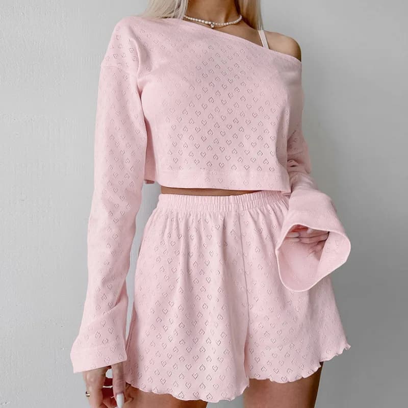 Jacquard Pink Long Sleeve One Shouler Tops T Shirt Short Pant Pink Pajamas 2 Pieces Shorts Set Suit Loungerwear Summer Women
