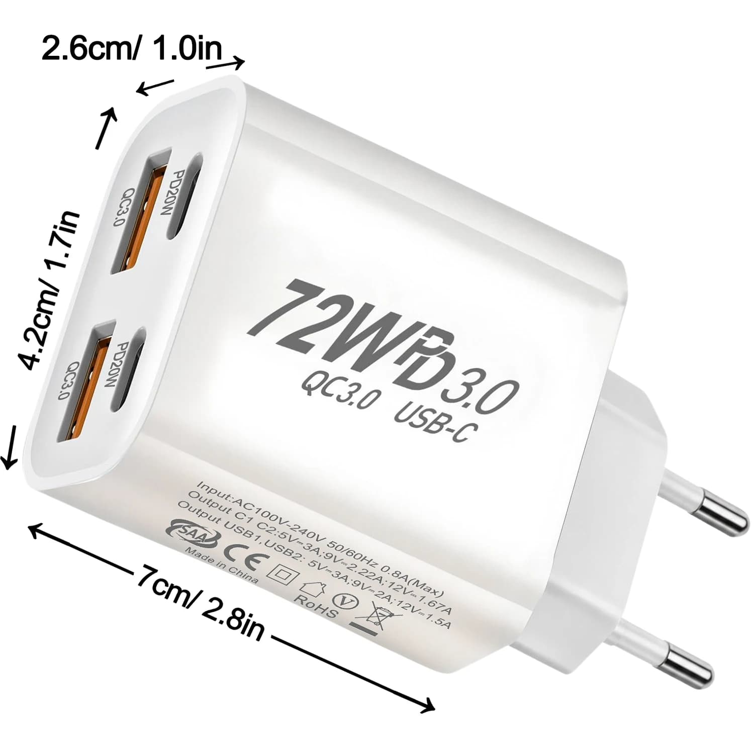 Multi Ports USB Charger 72W Fast Charging Type C Phone Adapter For iPhone Samsung Xiaomi Redmi EU/US/AU Plug Wall Charger
