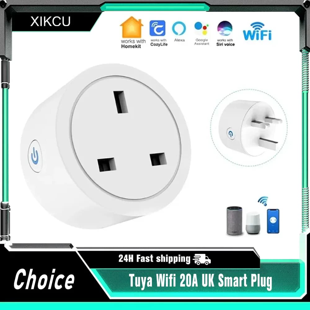 Smart socket Tuya Wifi 20A UK with Energy Monitoring, Remote Control and Vocal via App, Timer Function, Compatible with Google Home and Alexa