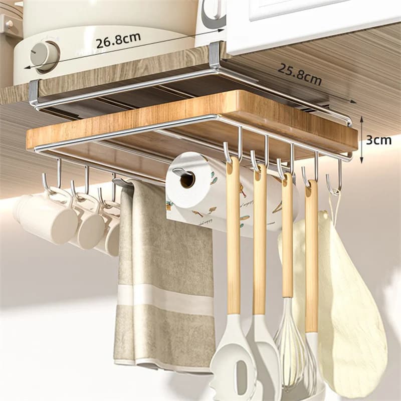 Organizzatore da Cucina Sospeso in Acciaio Inossidabile - Scaffale Multiuso con Ganci per Asciugamani, Taglieri e Coperchi Pentole