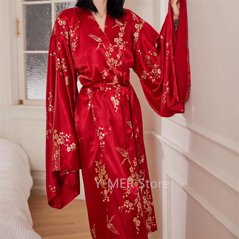 Kimono manica grande Robe Lady Luxury Bronzing Flower Morning vestaglia sposa abito da sposa accappatoio in raso lungo indumenti da notte