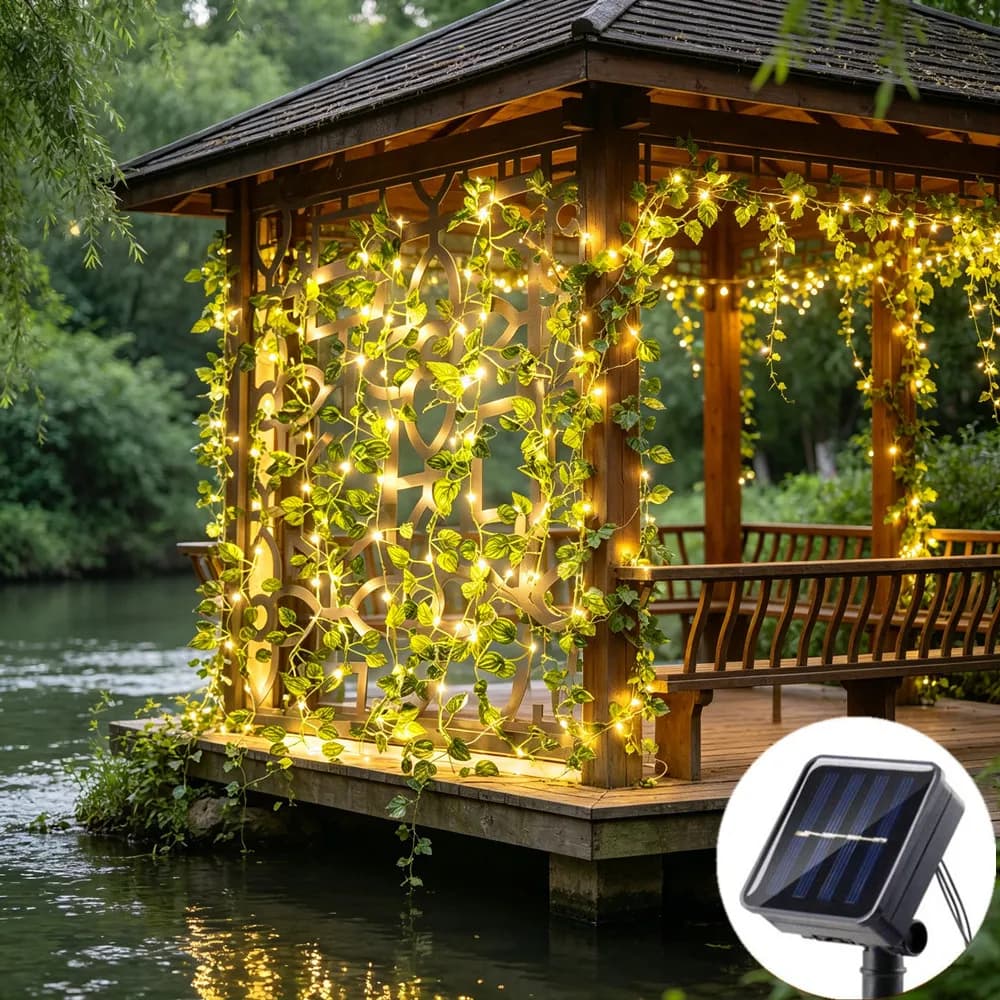 Luci a stringa solari da esterno a forma di fiore e foglia verde, luci fatate artificiali a forma di vite per albero di Natale, ghirlande e decorazioni per matrimoni