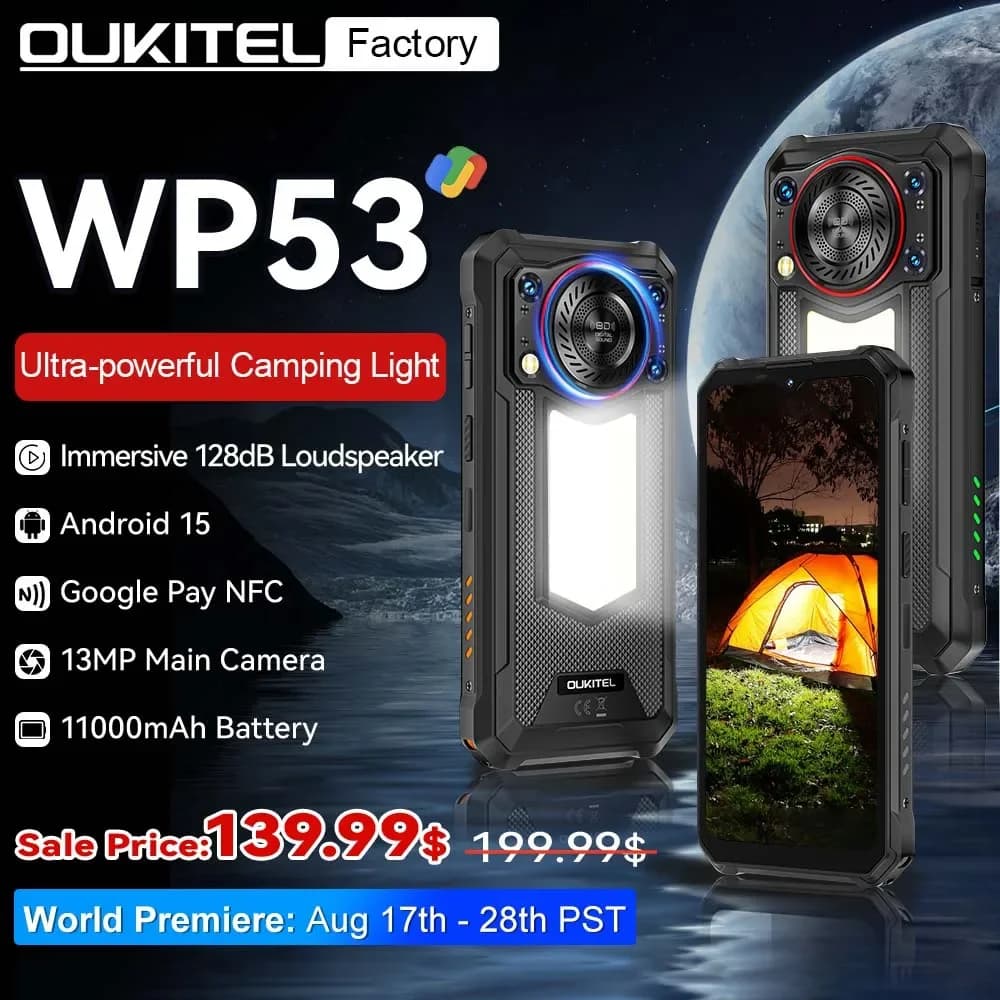 Oukitel WP53 Smartphone Rugged Android 15 6.52" HD Campeggio Luce Telefono Portatile 24G(8+16)+128GB 11000mAh Fotocamera 13MP 18W NFC