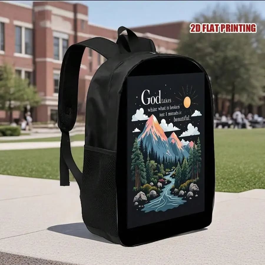 Inspirational Mountain Print Backpack Large Capacity Lightweight Daily Travel Hiking Bag With Adjustable Straps Zipper Closure