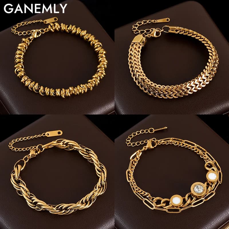 GANEMLY Bracciale in acciaio inossidabile 316L braccialetto per donna uomo moda trendy placcato oro 18 carati catena da polso gioielli regalo partito pulsara