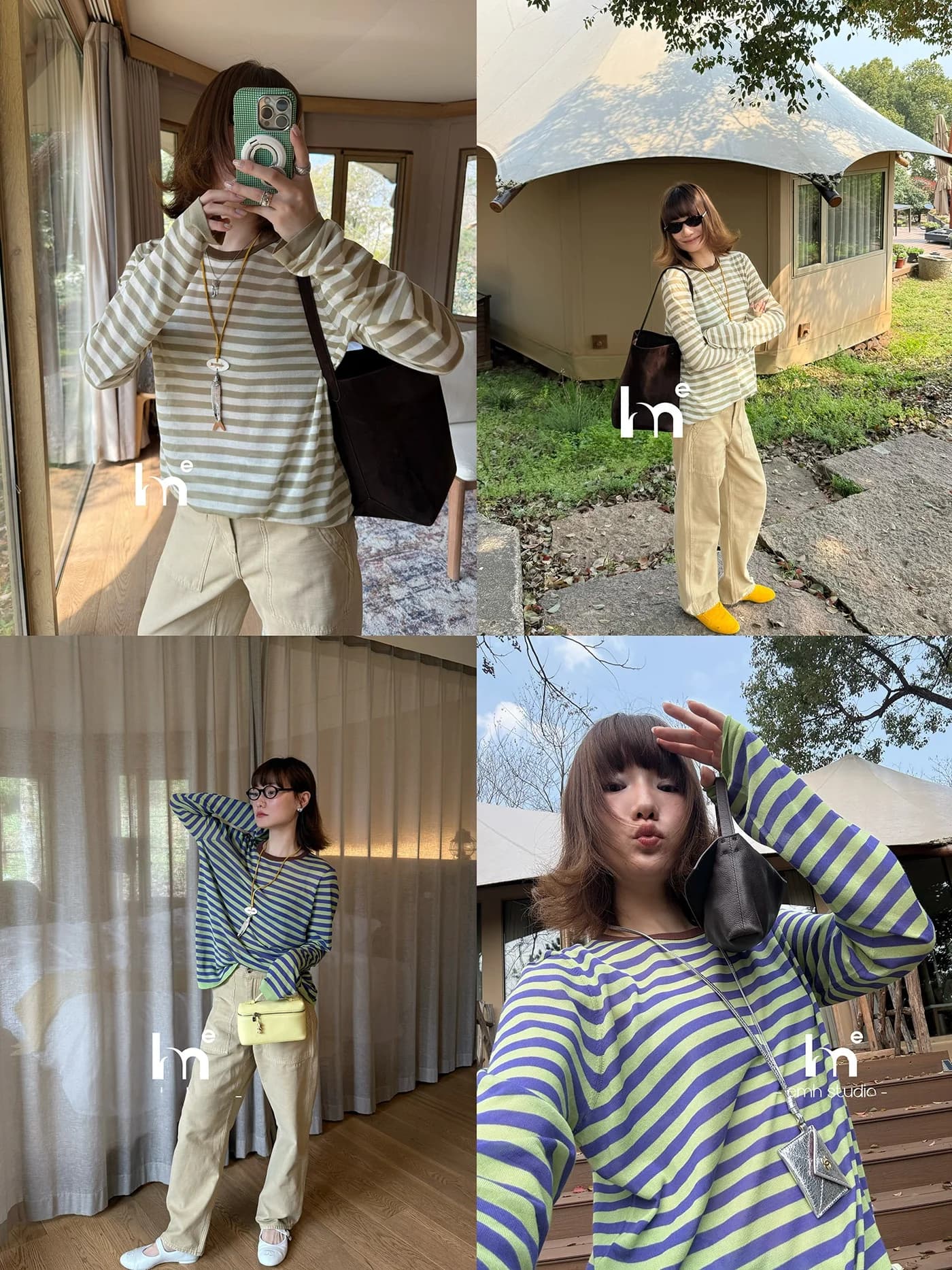 Maglia EMH Leggera e Sottile a 18 Aghi in Fibra di Acetato, Manica Lunga, Protezione Solare, Motivo a Righe Color Block, Collo Tondo Morbido