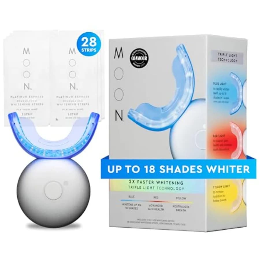 Platinum Tooth Whitening Kit with LED Device and 28 Soluble Whitening Strips, Red Blue Yellow Light for Whitening