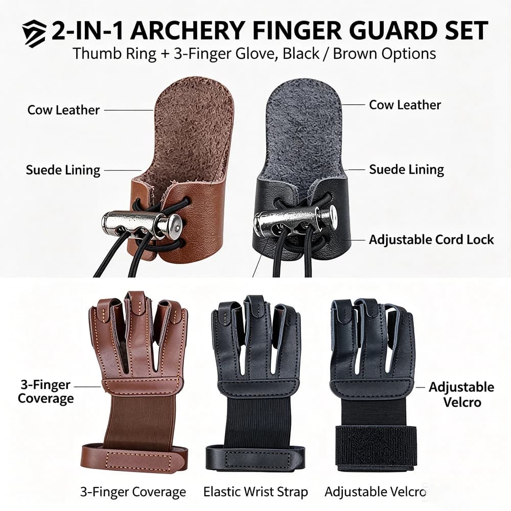 2 In 1 Archery Finger Guard Set Genuine Cow Leather 3 Finger Shooting Glove+Thumb Ring Protector for Recurve Traditional Bow