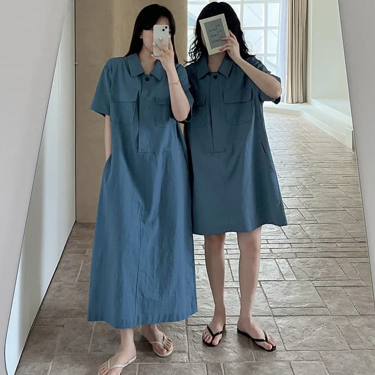Korean Style Simple Shirt Collar One Button Double Pocket Loose Dress Long And Short Versions Casual High Waist Other Material