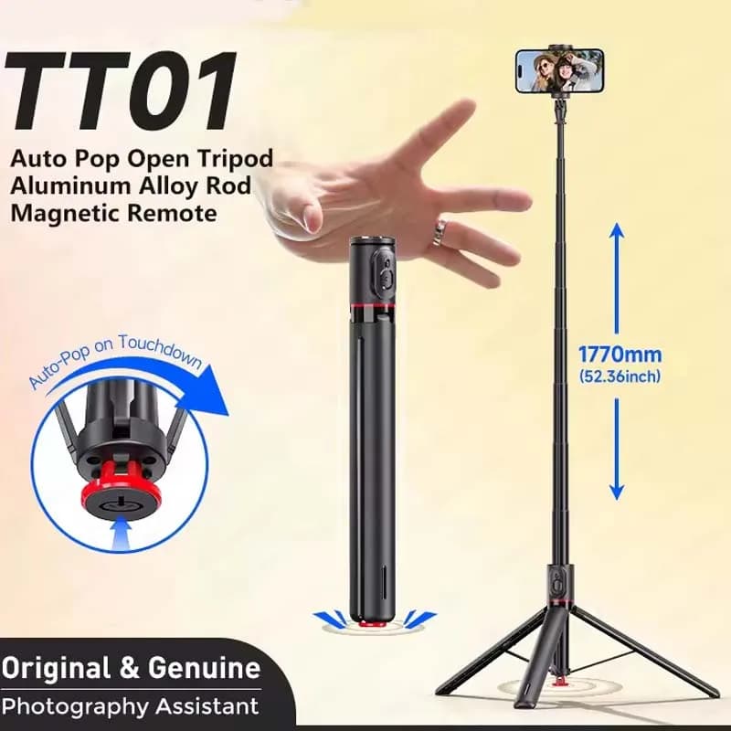 1770mm TT01 Tripod Auto Pop Open Stand Bounce Selfie Stick Phone Holder with Magnetic Remote Control for Vlog Video Shooting