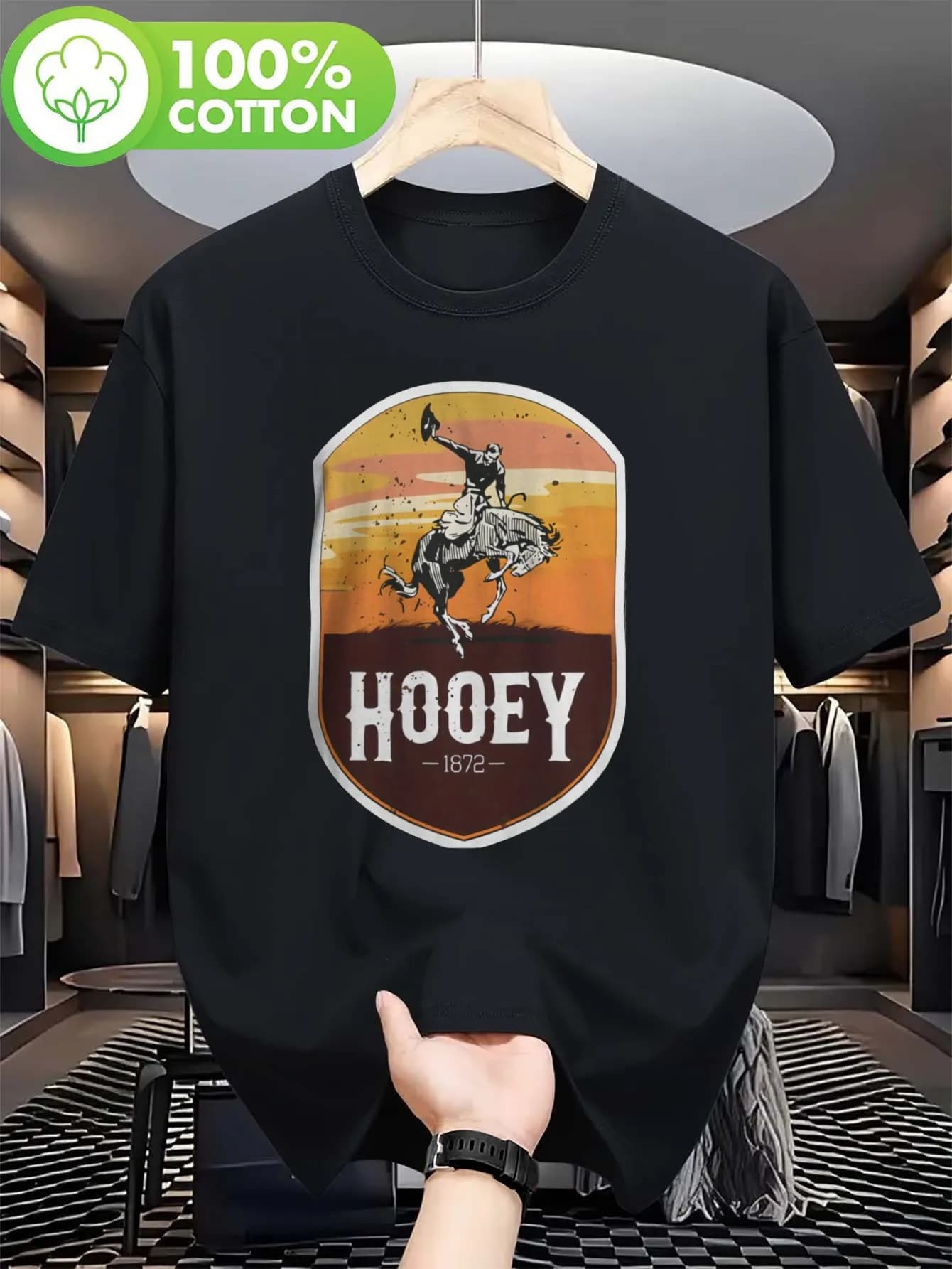 Hu Yi 1872 Horserider Sunset Pattern T-shirt -100% Cotton Round Neck Comfortable Fit All Seasons Casual Outdoor and Sportswear