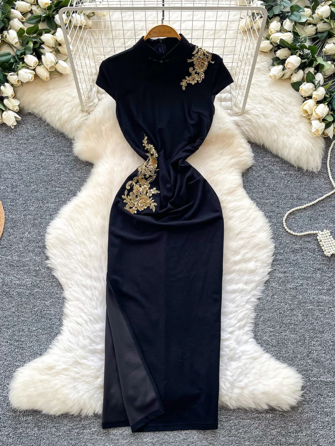 Sexy Embroidered Qipao Dress Women's Black Stand Collar Button Slimming High Waist A-Line Skirt Commute Style Summer Polyeste...