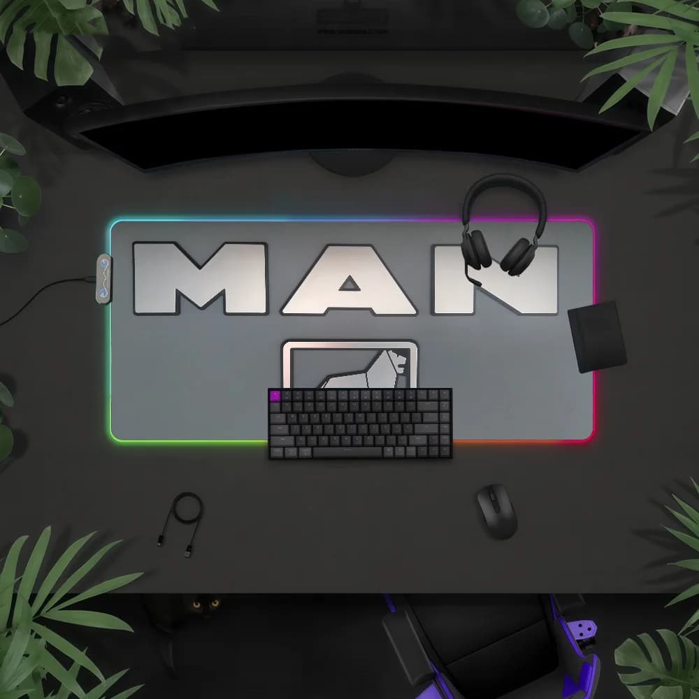 Tappetino per mouse Brand M-Man-S Logo Truck con luce LED RGB, tastiera da gioco colorata, copertura antiscivolo, superficie impermeabile