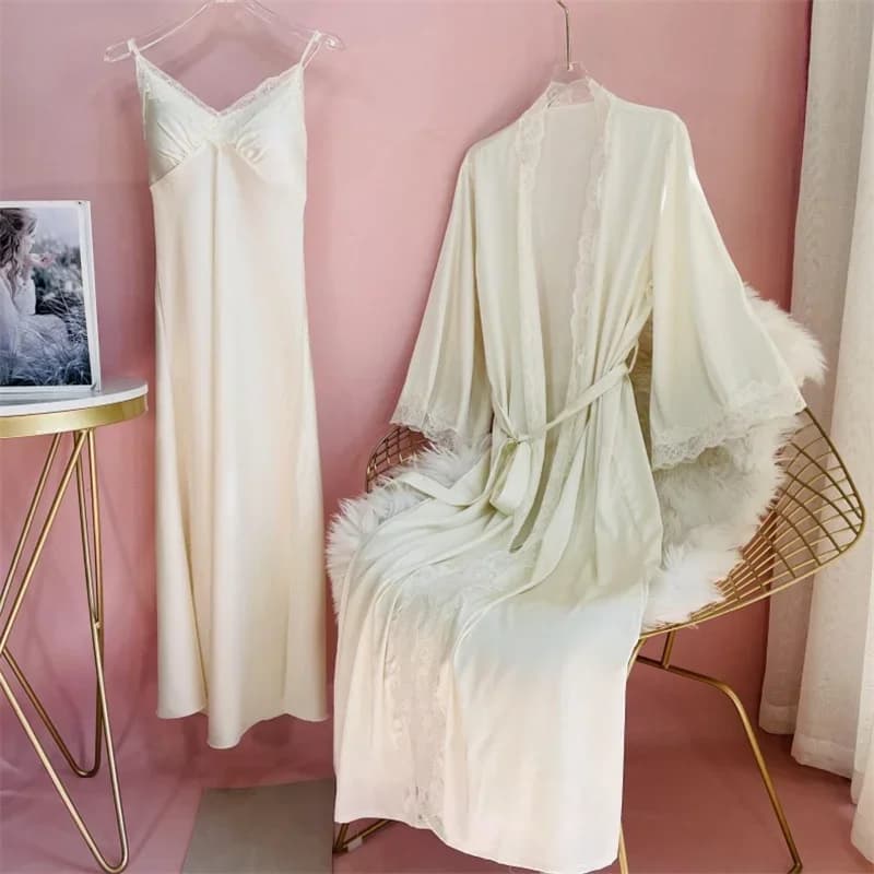Nuovo femminile lungo abito camicia da notte set sexy pizzo indumenti da notte reggicalze camicia da notte primavera estate casual raso abito da casa accappatoio