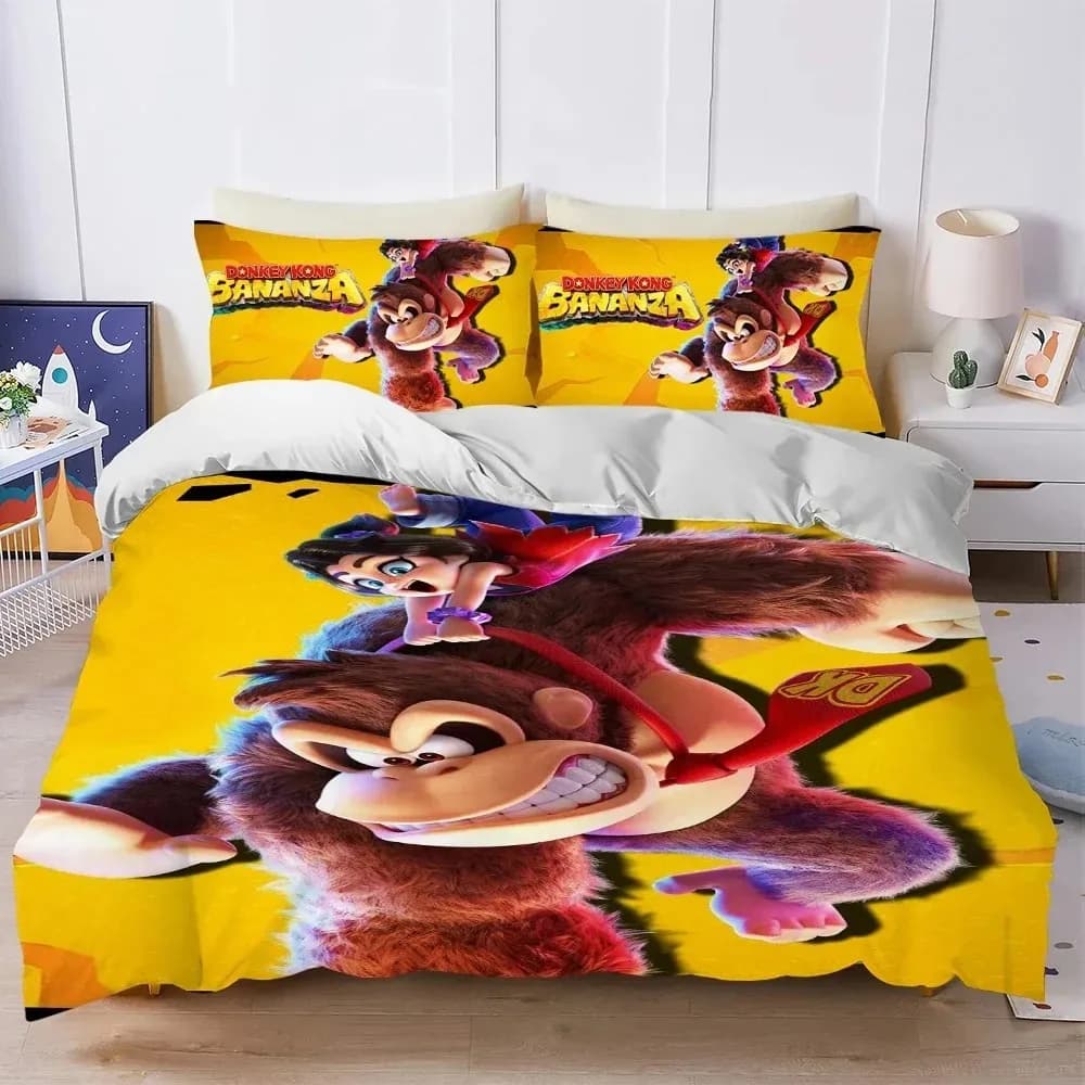 Set Copripiumino D-Donkey K-Kong Bananza, Morbido Cotone Lavato, 3 Pezzi, Estivo, Confortevole, per Dormitorio Studentesco e Casa