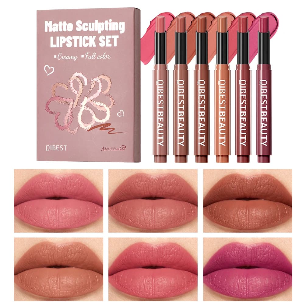 QIBEST Matte Lipstick Sets Long Lasting Moisturizing Nude Sculpting Lipstick Pencil Makeup Velvet Lip Stain Hydrating Lip Tint