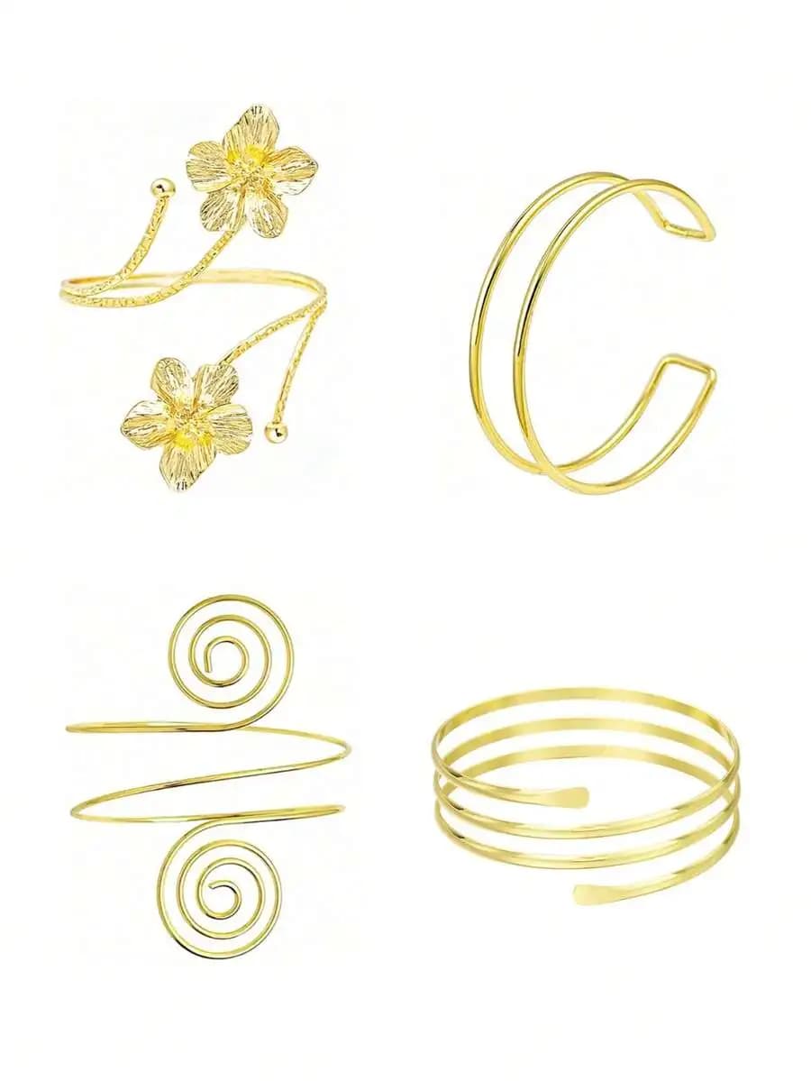 Set di 4 Bracciali Minimalisti Dorati con Disegni Floreali e a Spirale, Stile Bracciale Aperto Regolabile