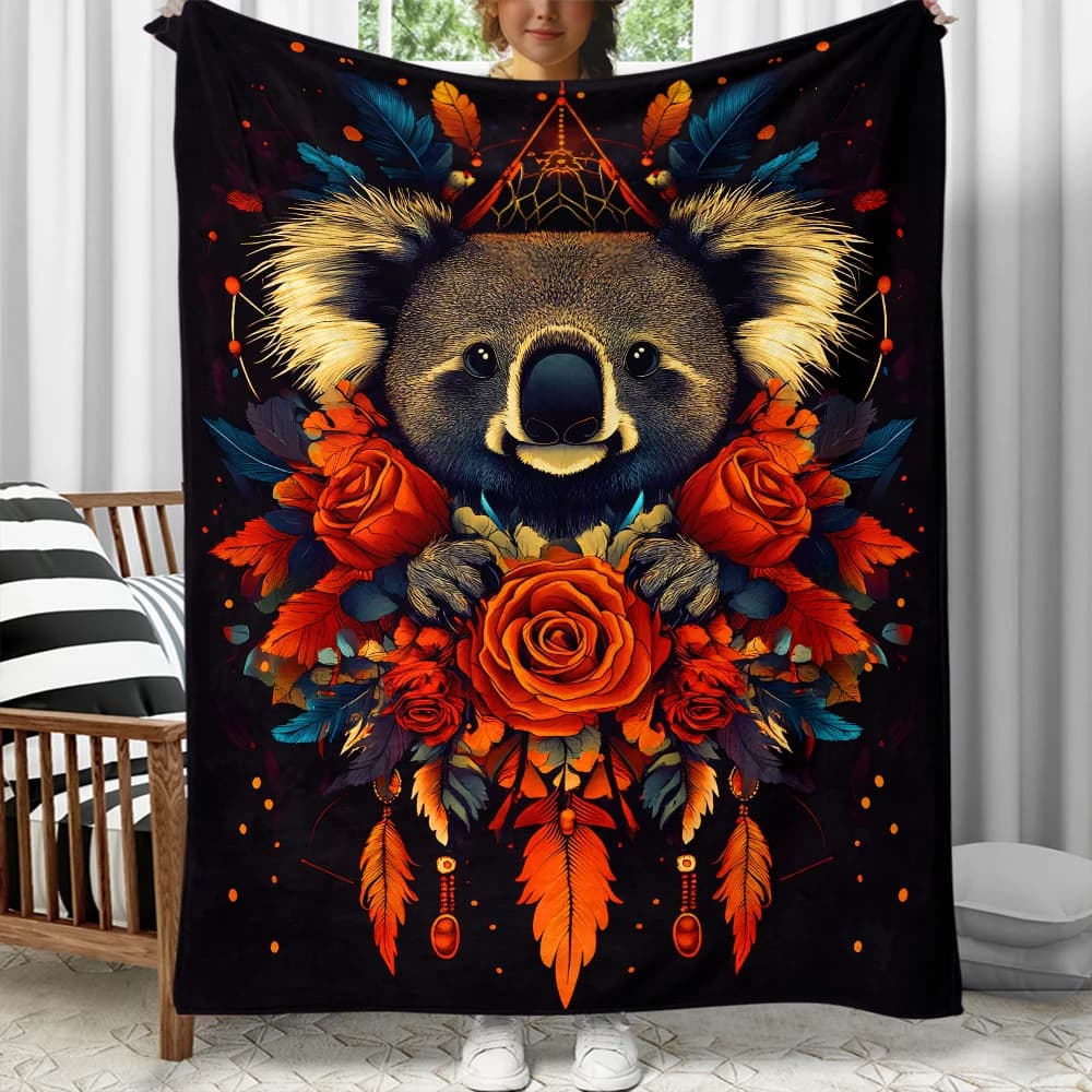 1pc Koala bear red roses feathers dreamcatcher tribal art flannel blanket unique animal nature themed blanket for home decor