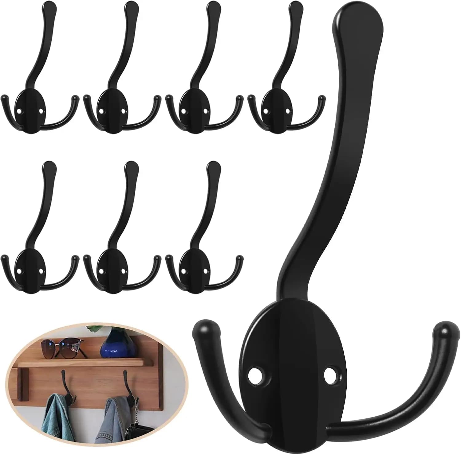Set di 8 Ganci Appendiabiti Resistenti, Ganci a Tre Punte in Metallo di Grandi Dimensioni da Parete con 16 Viti, Ganci da Parete Neri Rustici Antiruggine per Appendere Asciugamani, Cappotti, Sciarpe, Borse, Cappelli, Tazze, Chiavi