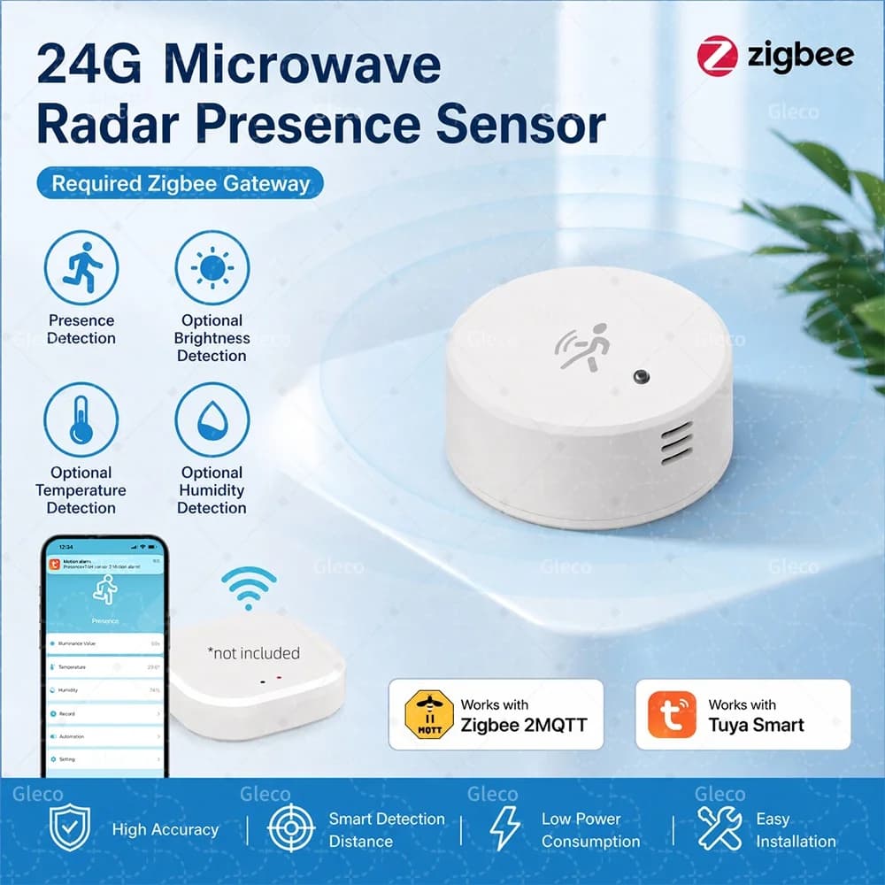 Sensore di Presenza Umana Zigbee Tuya, Rilevatore Radar 24G di Luminosità, Temperatura e Umidità, Alimentato a Batteria, Compatibile con 2MQTT/Smart Life