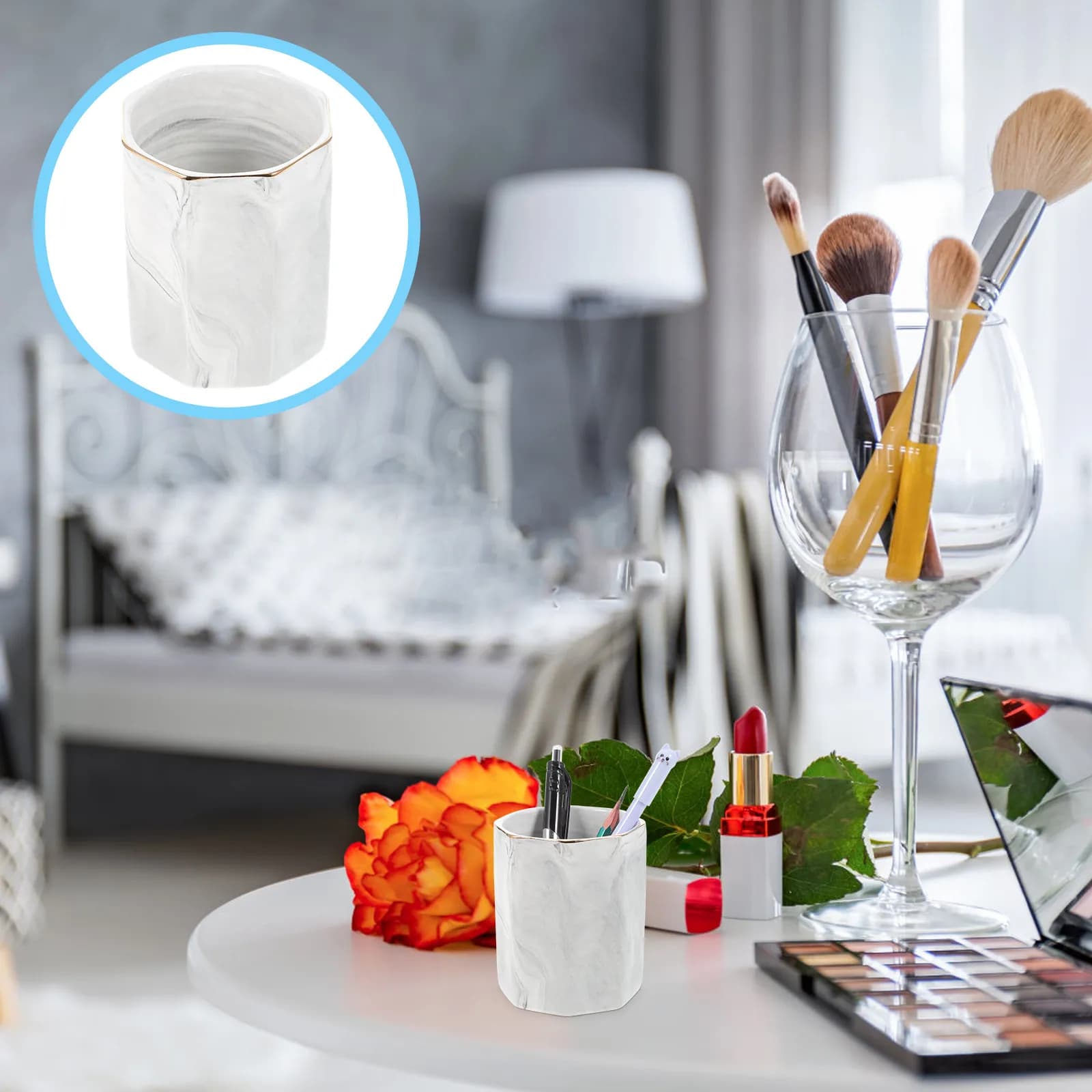 Portapenne in Marmo Premium, Organizzatore da Scrivania Multiuso per Penne, Pennelli da Trucco, Spazzolini, Decorazione per Ufficio e Casa, Regalo per Donne