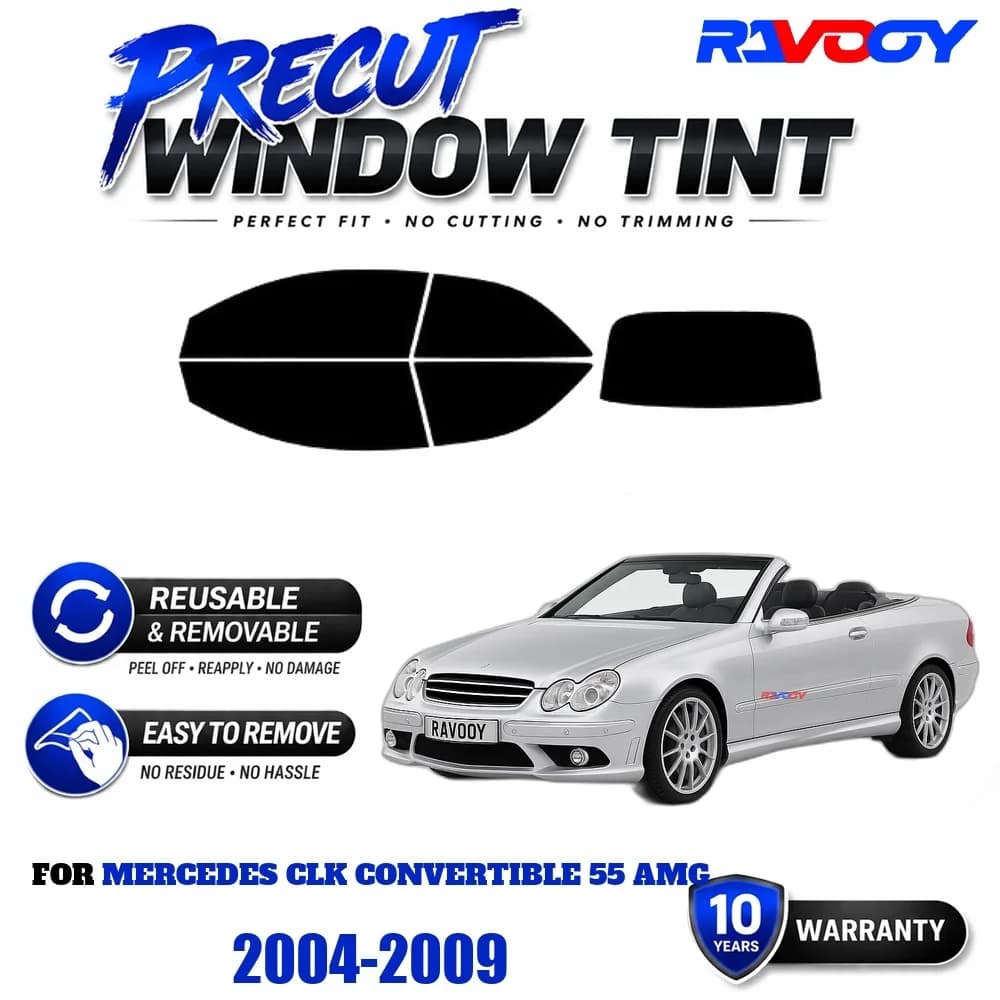 Precut Window Tint, Reusable Removable EPU Film, Custom Fit for Mercedes CLK Convertible 55 AMG 2004-2009, UV Heat Protection