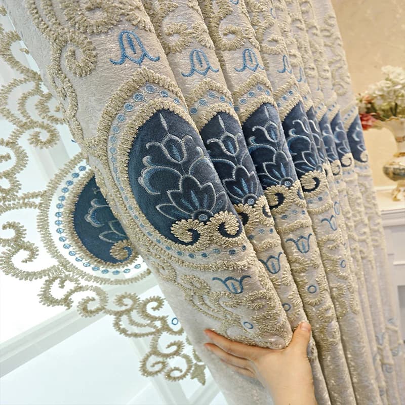 2 Panels European Embroidery Blackout Curtains, Luxury Satin Thermal Insulated Noise Reducing Window Drapes for Living Room Bedroom Home Decor