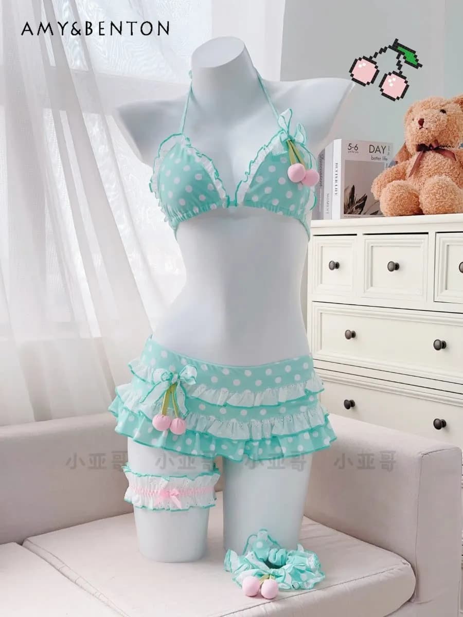 Costume da bagno bikini da donna con stampa ciliegie e pois, stile Kawaii, due pezzi, per studentesse, ideale per la spiaggia e il resort