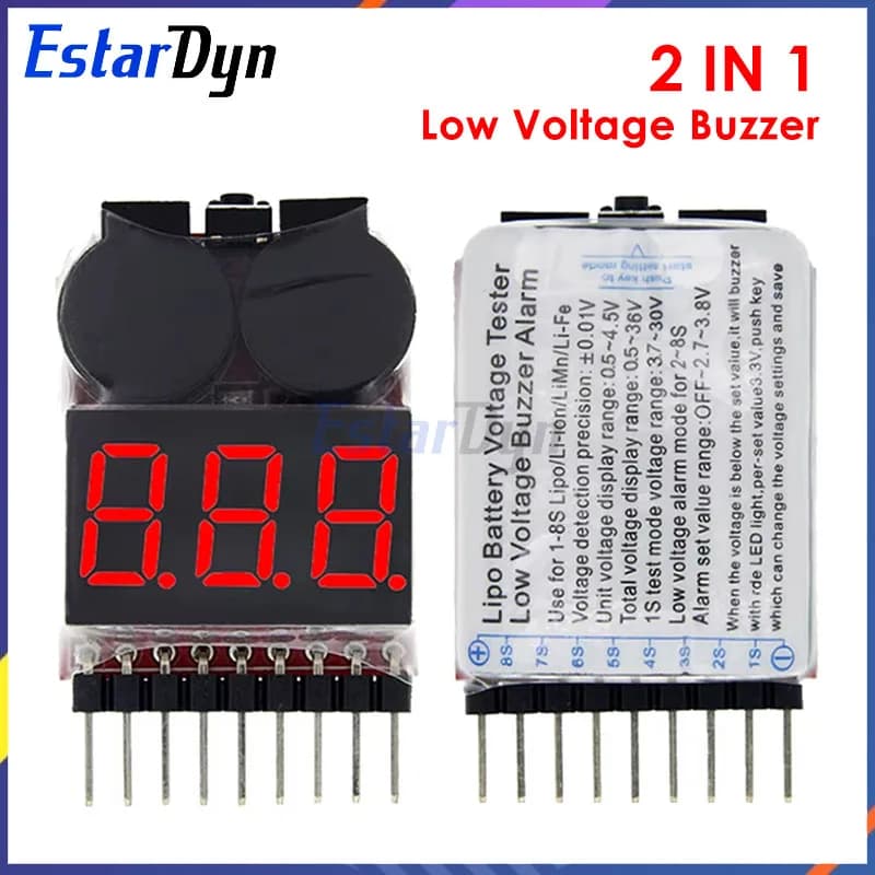 Estardyn 1-8S Lipo/Li-ion/Fe RC elicottero aereo barca ecc. Tensione batteria 2 IN1 Tester Allarme cicalino bassa tensione