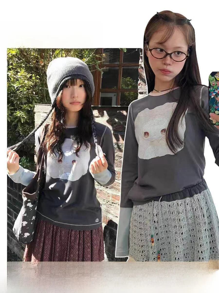 Maglietta a maniche lunghe da donna con stampa cartone animato, top corto e ampio in cotone stile coreano, girocollo casual per autunno inverno